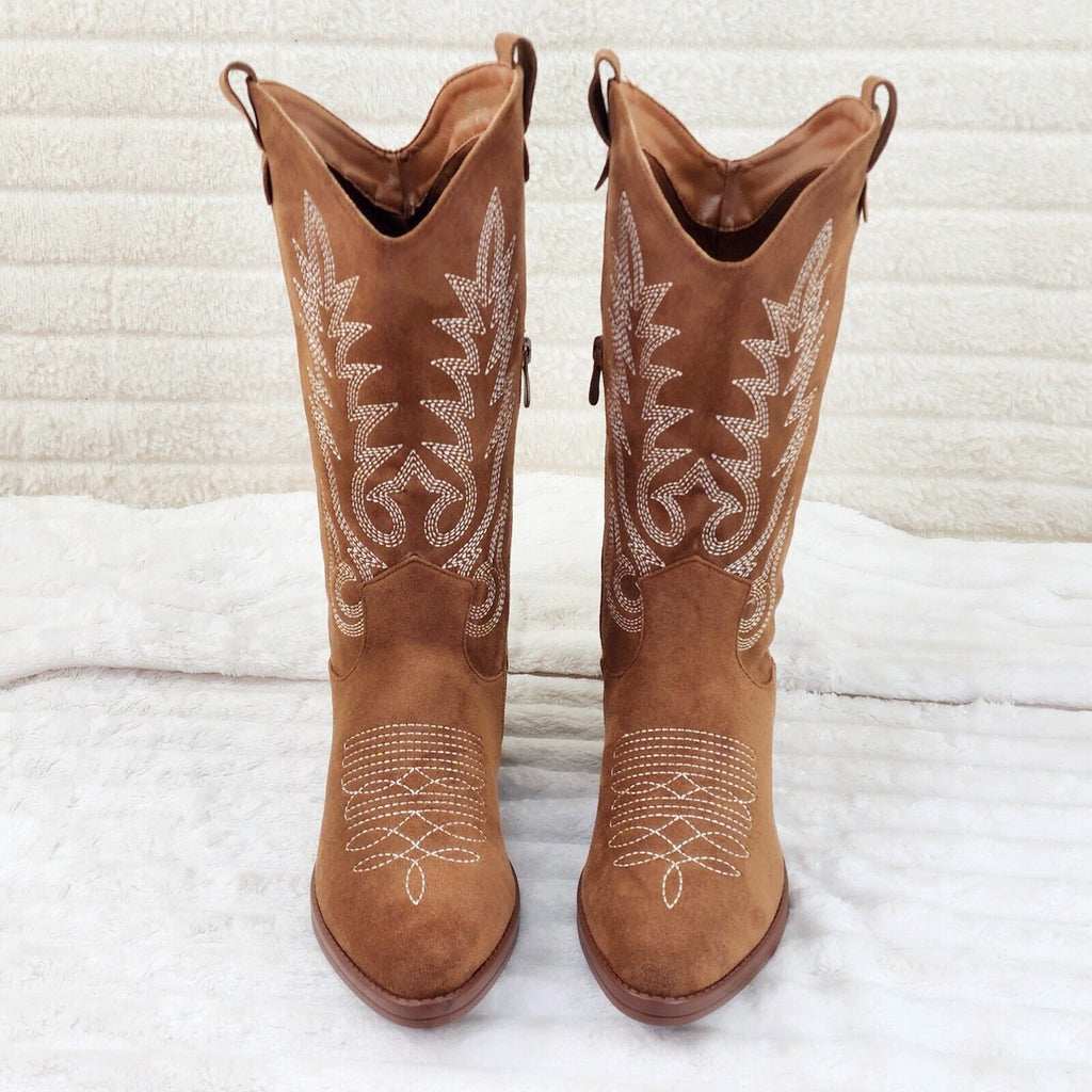 Bella Western Mid-calf Cowboy Cowgirl Boots Tan Low 1.5" Heels Tan Faux Suede - Totally Wicked Footwear
