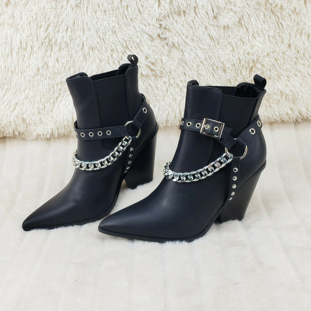 Dimitri Western Chain Strap Cowboy / Cowgirl Pull Ankle Boots Black 6-11 - Totally Wicked Footwear