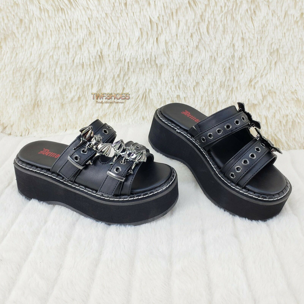 Emily 100 Black 2" Platform Bat Buckle Slip On Sandals Shoes 6-12 NY Restocked - Totally Wicked Footwear