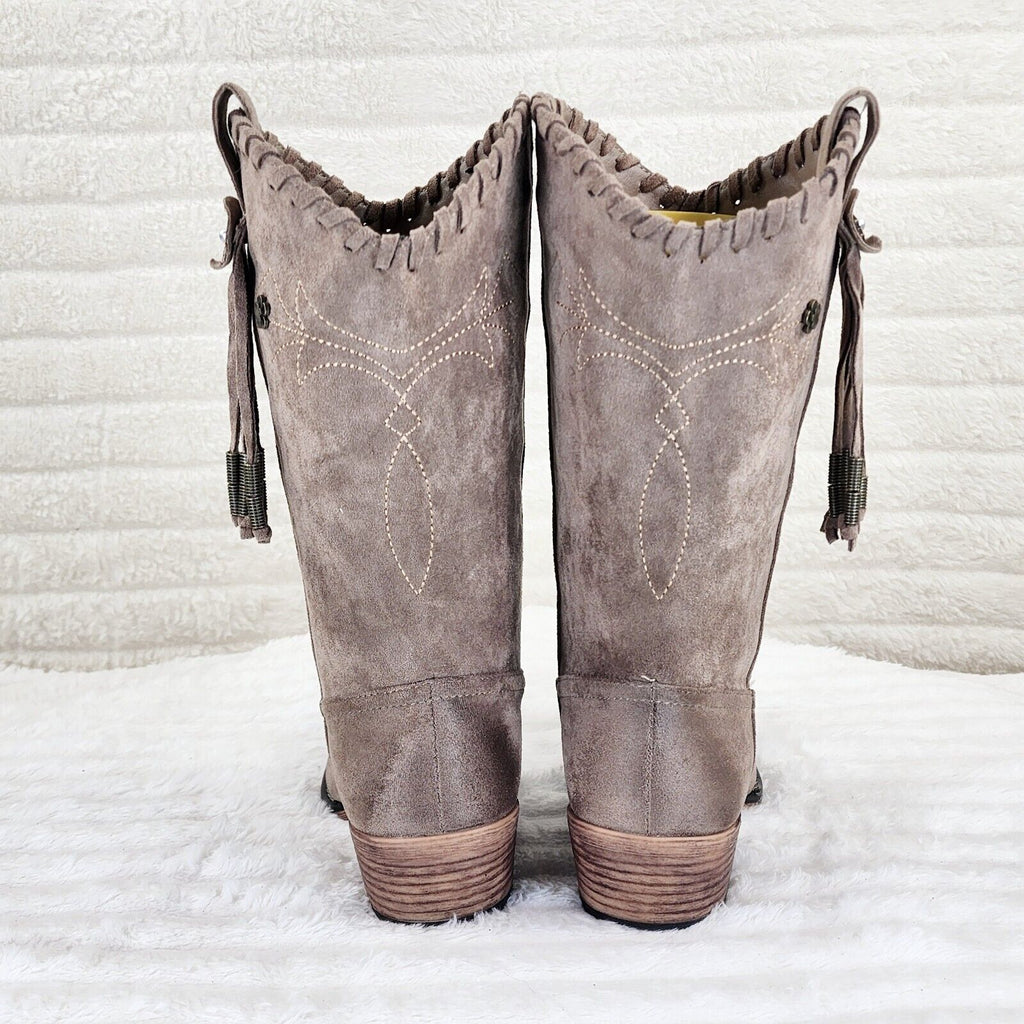 Prairie Girl Taupe Distressed Tassel Cowboy Cowgirl Pull On Mid Calf Boots - Totally Wicked Footwear