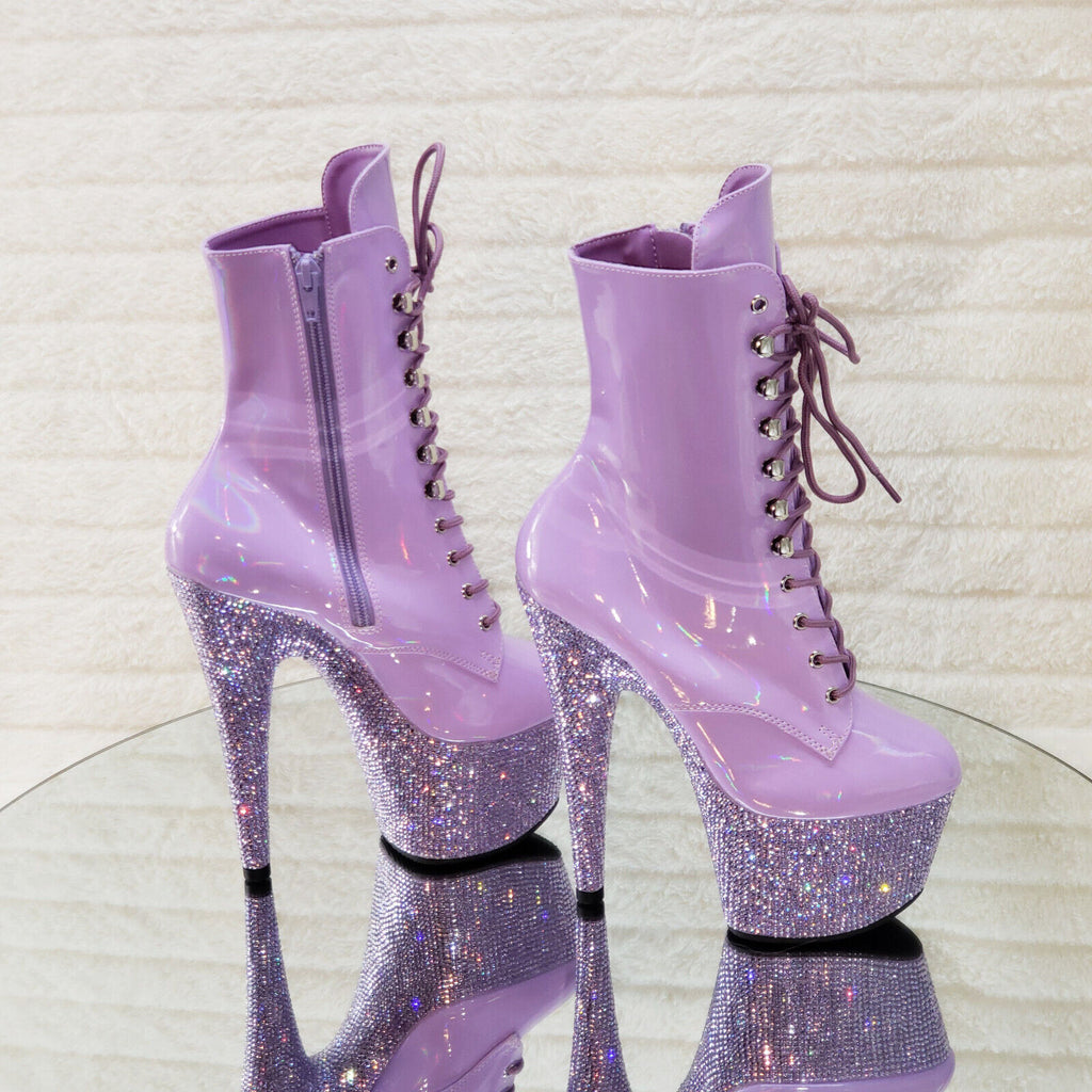 Bejeweled Lilac Rhinestone Platform Lace Up Ankle Boots 7" High Heels IN HOUSE - Totally Wicked Footwear