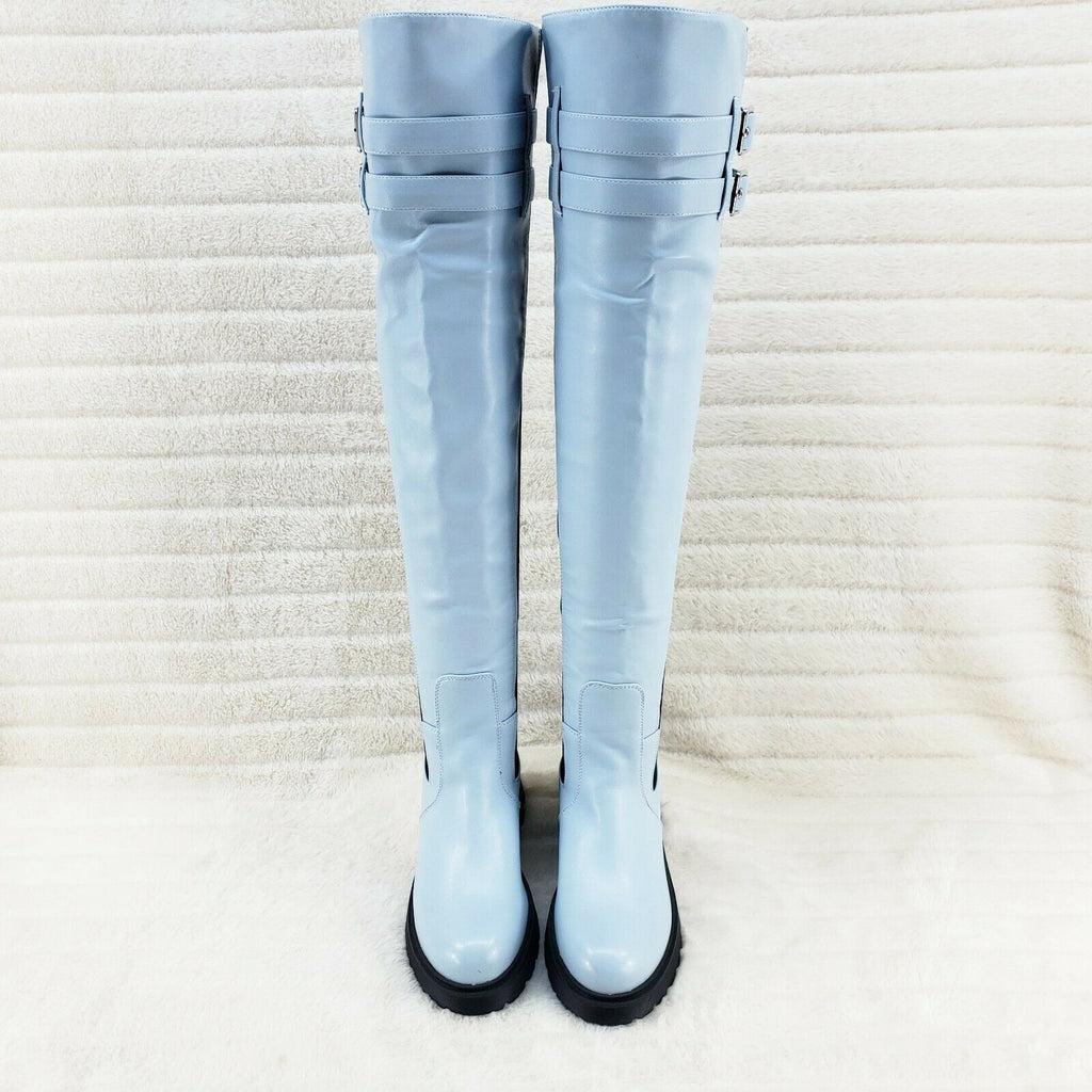 Techno Baby Blue Black Stretch Panel Lug Sole Thigh High Boots - Totally Wicked Footwear