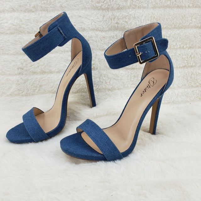 Sexy Medium Blue Denim Ankle Strap 4.5" High Heel Shoes Heels Glister - Totally Wicked Footwear