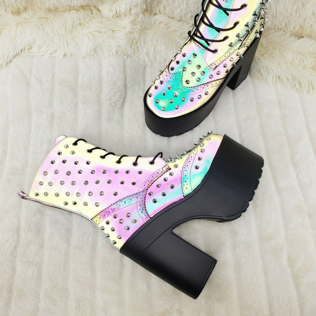 Ocho Reflective Punk Goth Rock Glam Block Heel Platform Spiked Ankle Boots - Totally Wicked Footwear