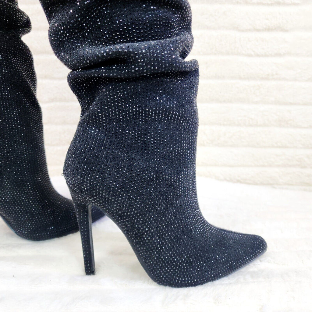 Radiant Black Rhinestone High Heel Stiletto Slouch Knee High Boots - Totally Wicked Footwear