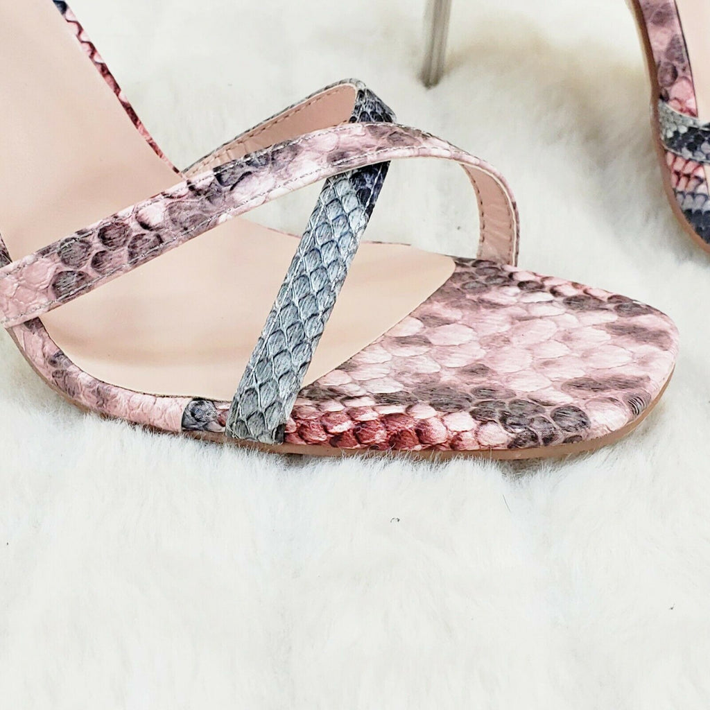 Mata Pink Snake Print Rhinestone Double Ankle Strap Closed Back High Heel Shoes - Totally Wicked Footwear