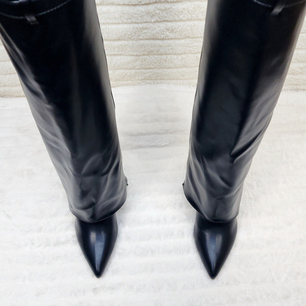 Paris Black Skirted Fold Over 3.5" Block Heel Knee High Boots - Totally Wicked Footwear