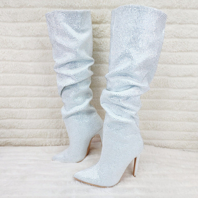 Radiant White Rhinestone High Heel Stiletto Slouch Knee High Boots - Totally Wicked Footwear