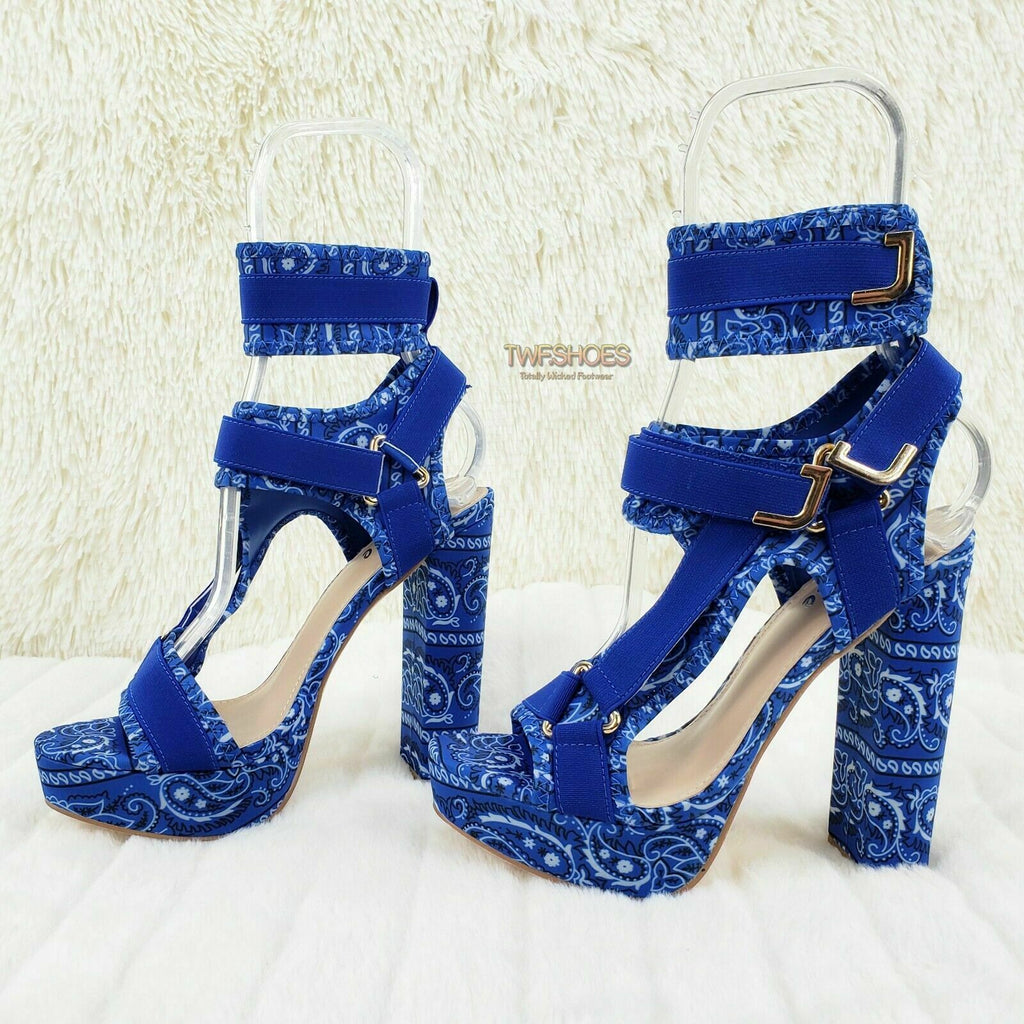 Blue Bandanna  5.5" Chunky High Heel Harness Strap Shoe US Sizes 7-11 Bandana - Totally Wicked Footwear