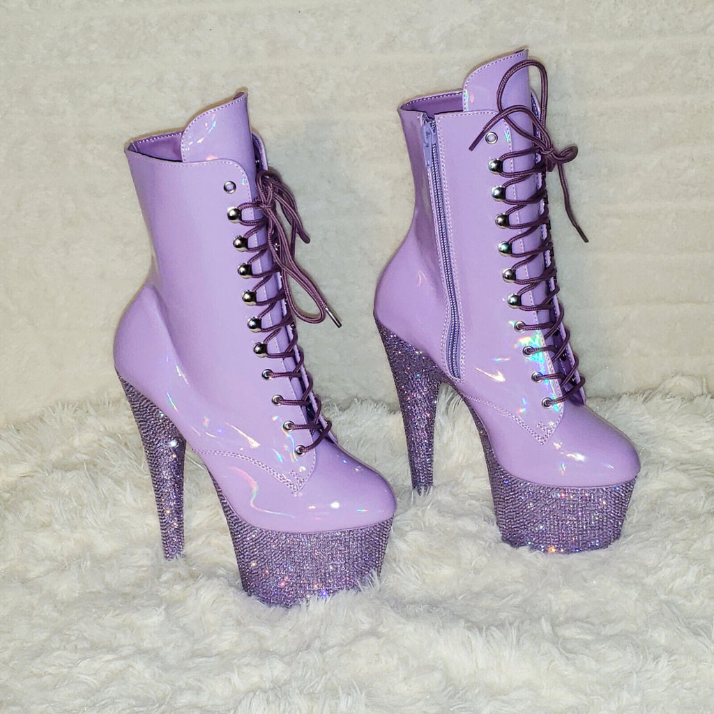 Bejeweled Lilac Rhinestone Platform Lace Up Ankle Boots 7" High Heels IN HOUSE - Totally Wicked Footwear