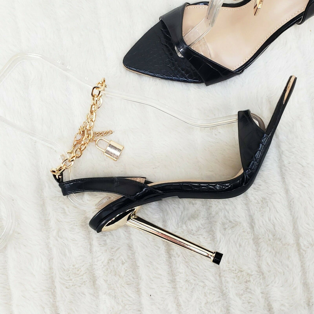 Nicely Pad Lock Chain Strap High Heels Metal Toe Tip Shoes Black - Totally Wicked Footwear