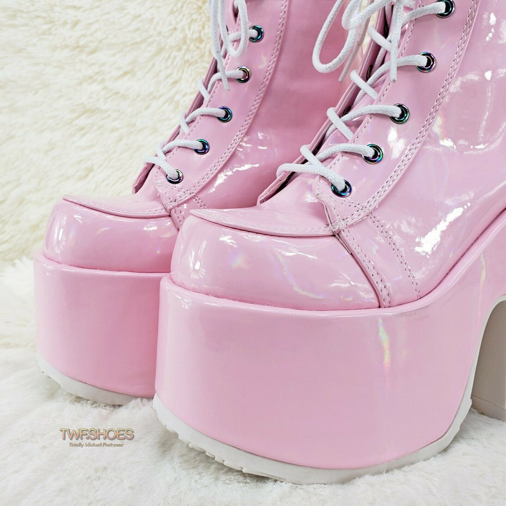 Demonia 203 Camel Stacked Pink Patent Platform Goth Punk Ankle Boots 6-12 NY - Totally Wicked Footwear