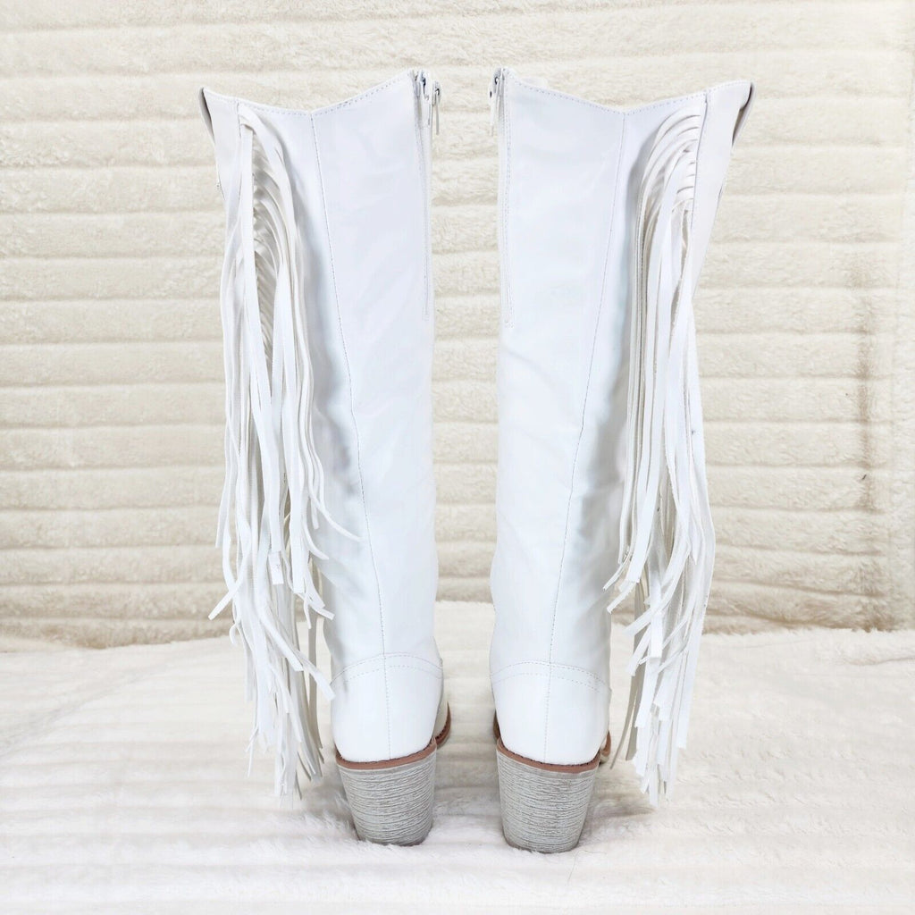Wild One Bright White Asymmetrical Side Fringe Cowboy Cowgirl Boots Plus - Totally Wicked Footwear
