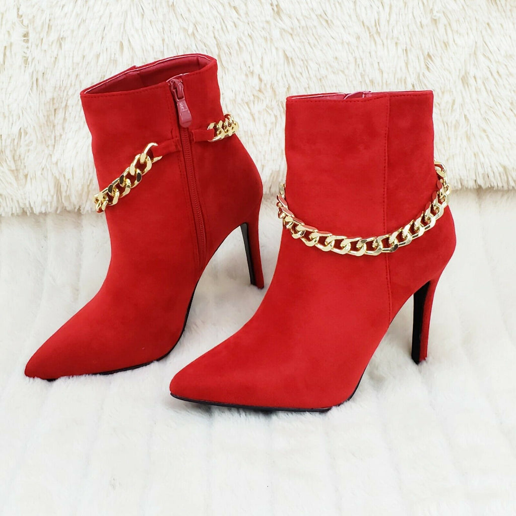 Mata Red FX Suede & Chain Sexy Pointy Toe 4" Stiletto High Heel Ankle Boots - Totally Wicked Footwear