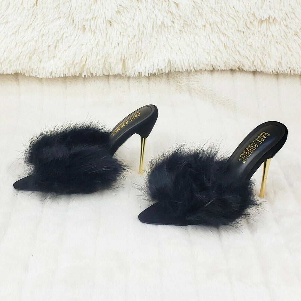 Fuji Furry Pointy Toe Slip On 4.5" Gold Tone Slim Heels Black - Totally Wicked Footwear