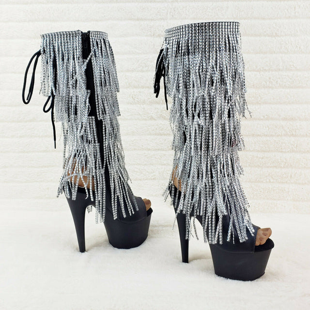 Adore 2024 Silver Fringe Black Platform 7" High Heel Fringe Knee Boots NY - Totally Wicked Footwear