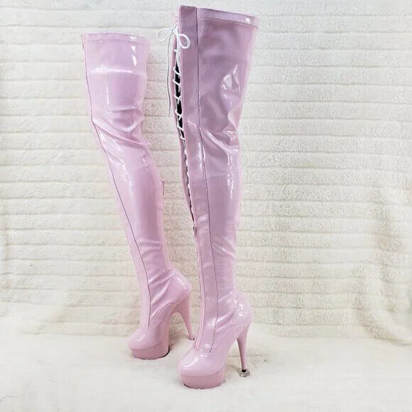Baby Pink White Patent Platform Thigh High Heel Front Zipper Lace up Boots 3027 - Totally Wicked Footwear
