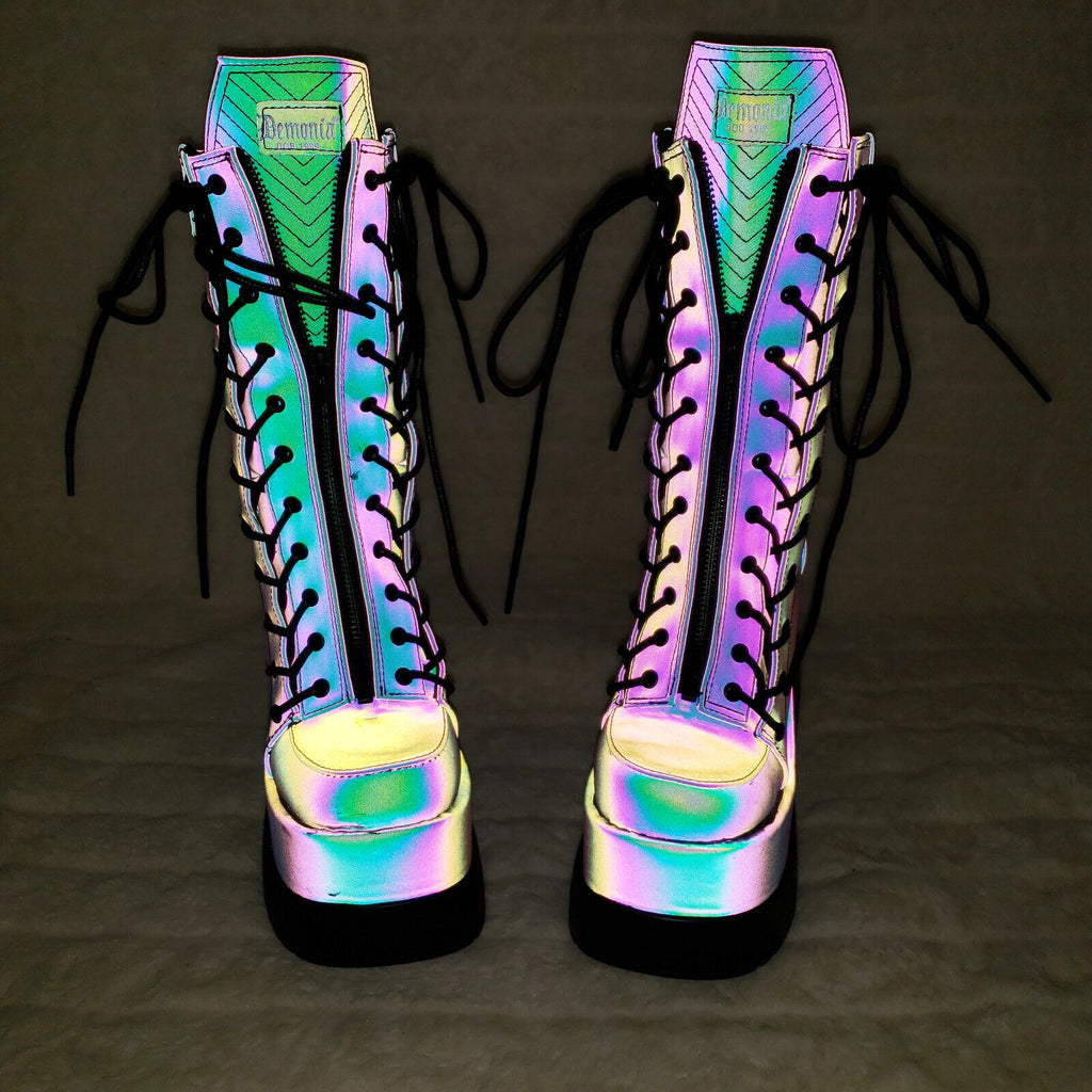 Void Purple Green Reflective Platform Wedge Mid Calf Boots IN HOUSE NY Demonia - Totally Wicked Footwear