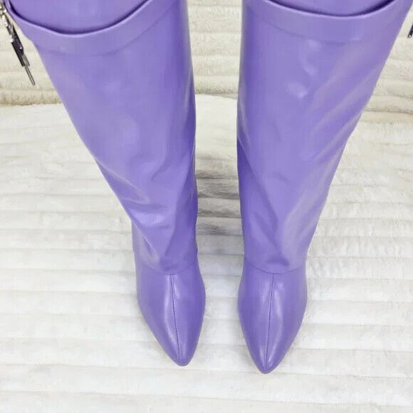 Fold Over Skirted Knee Boots 3" Wedge Heel Pull On Half Zipper Lilac Purple - Totally Wicked Footwear