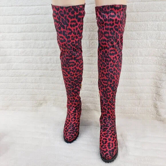 Fever Red Leopard Stretch Lace Up Back OTK Chunky Heel Boots Lug Sole - Totally Wicked Footwear
