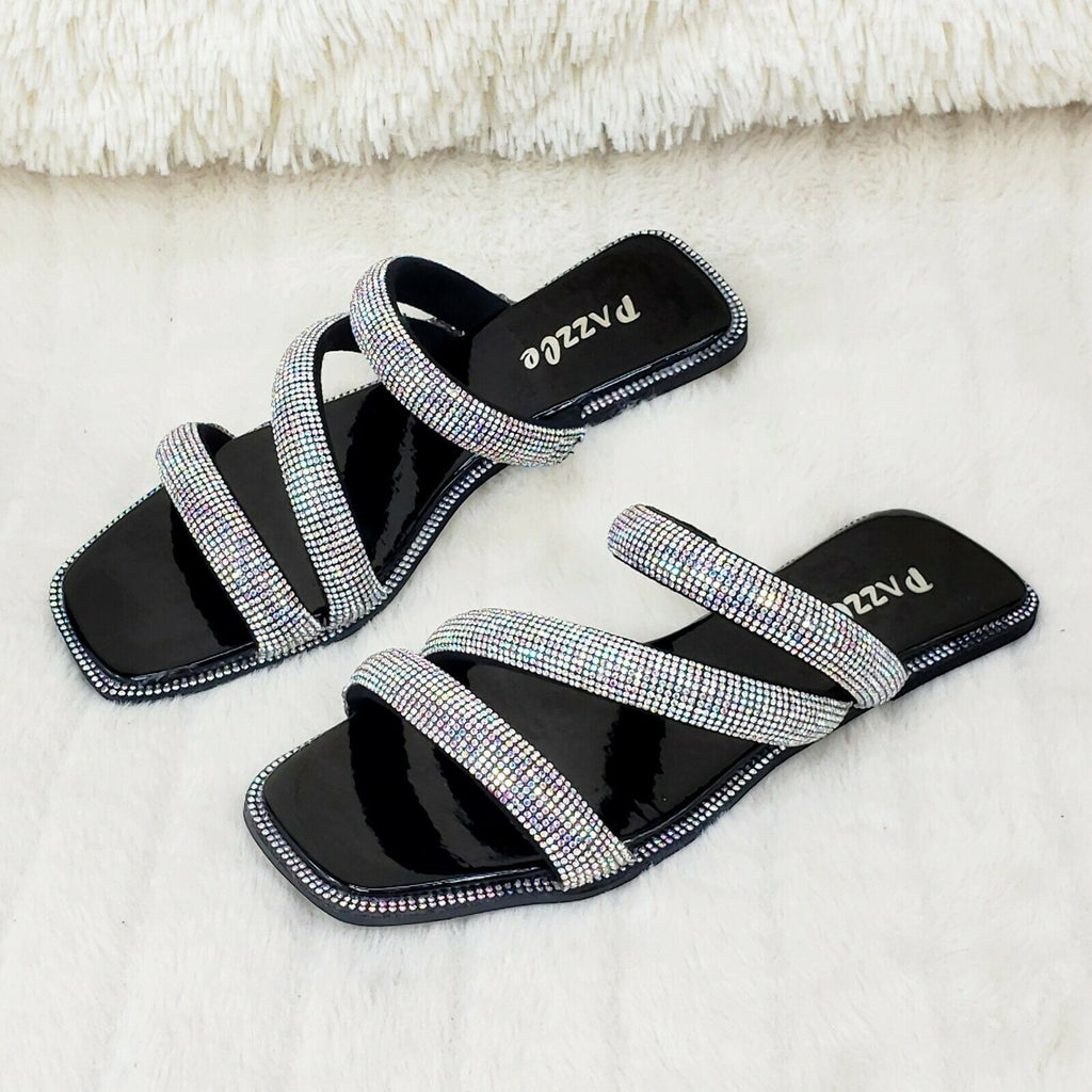 Sparkle Triple Padded Strap Slip On Iridescent Rhinestone Sandals Black - Totally Wicked Footwear