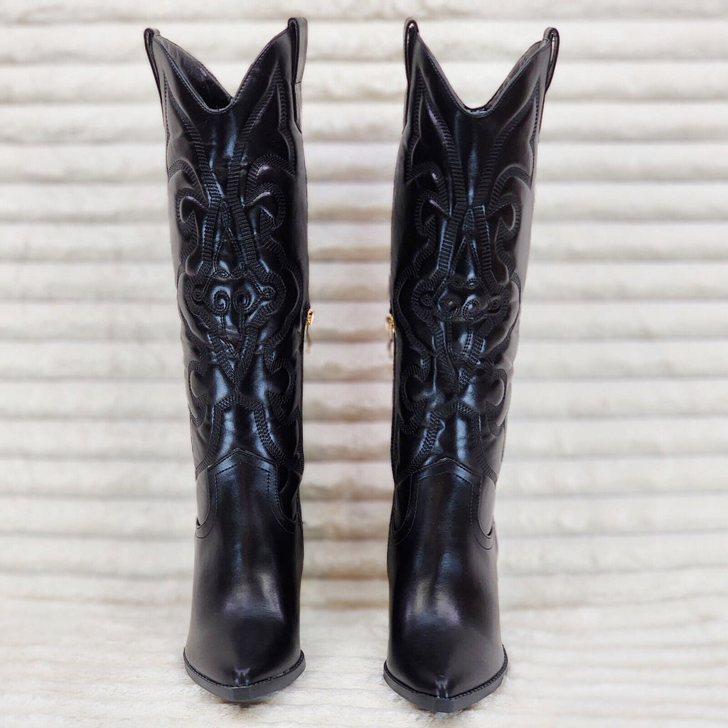 Electric Cowboy Brush Metallic Matte Western Knee High Cowgirl Boots Jet Black - Totally Wicked Footwear