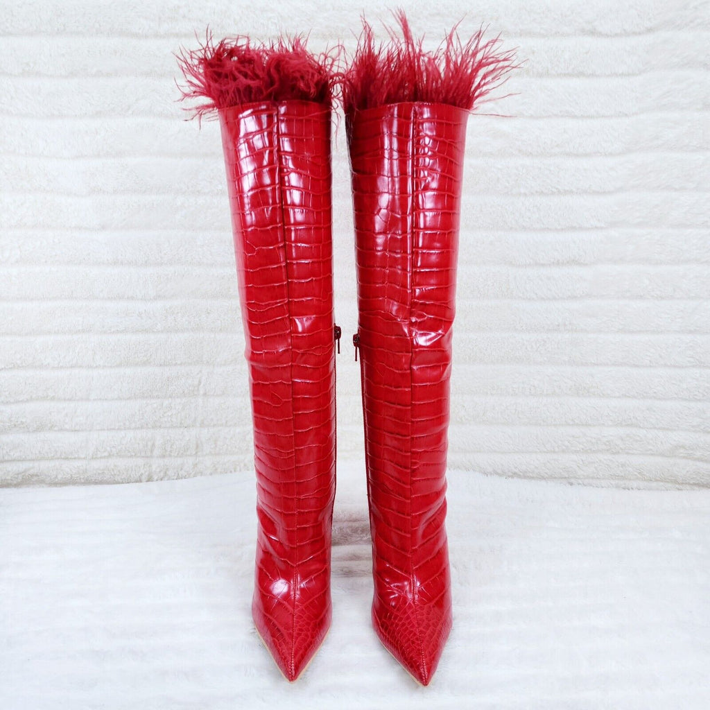 Flirty Red Snake Texture Knee High Heel Stiletto Boots Sexy Feather Top - Totally Wicked Footwear