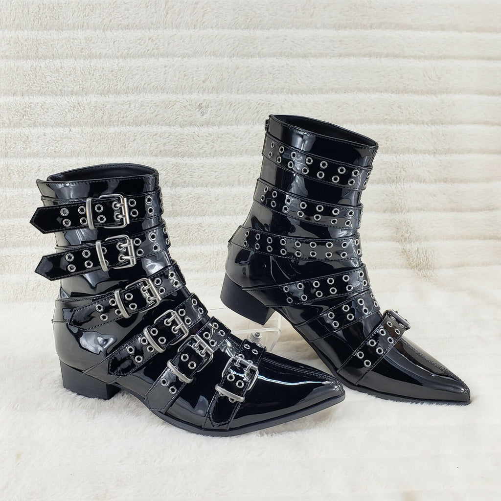 Wicked Warlock 70 Multi Strap Winklepicker Ankle Boots Mens Patent NY IN HOUSE - Totally Wicked Footwear