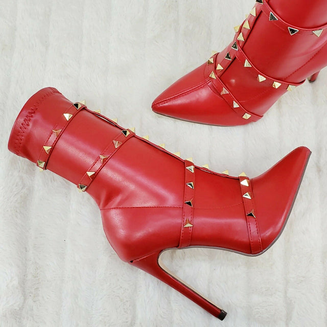 Mark Pyramid Stud Strap High Heel Pointy Toe Stretch Ankle Boots Red - Totally Wicked Footwear