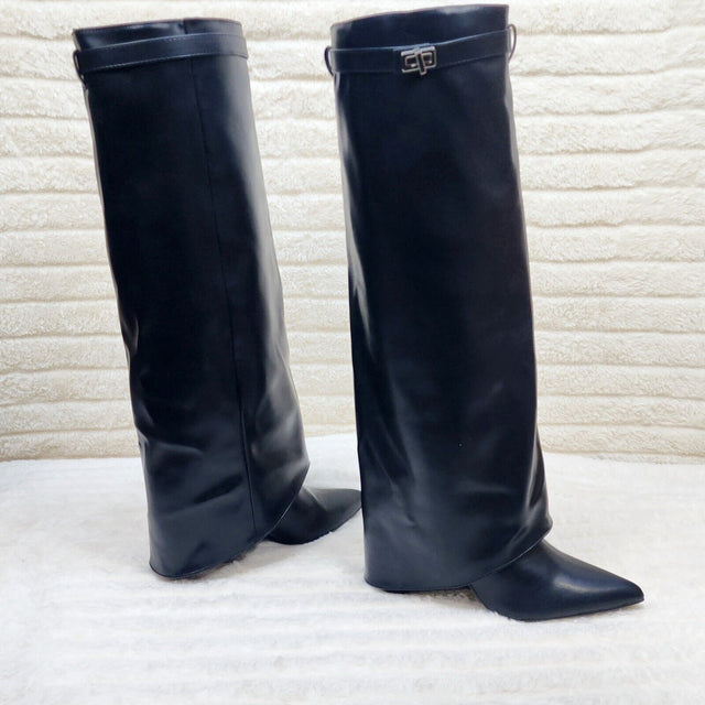 Paris Black Skirted Fold Over 3.5" Block Heel Knee High Boots - Totally Wicked Footwear