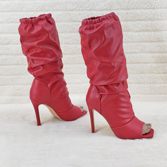 Victoria RED Square toe Mid Calf Adjustable Slouch Scrunch Pull On Boots - Totally Wicked Footwear