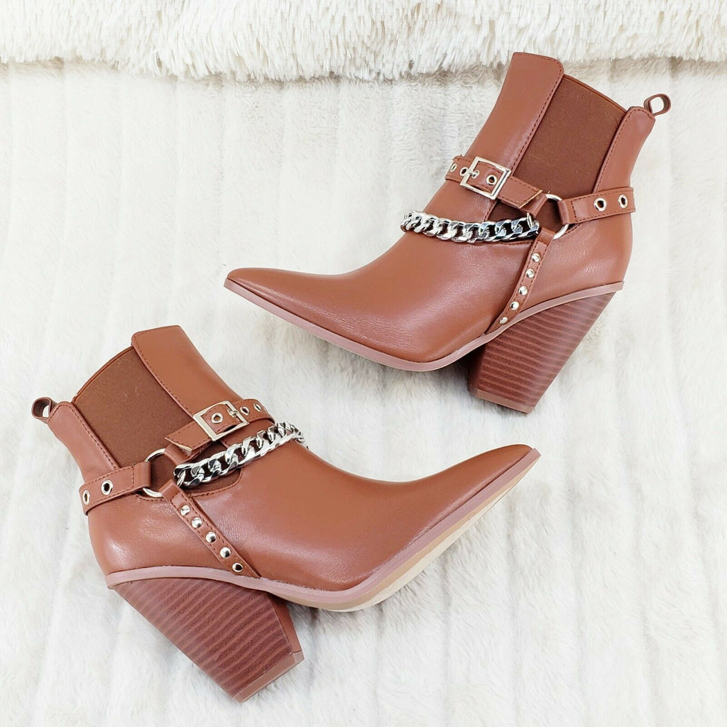 Dimitri Western Chain Strap Cowboy / Cowgirl Pull Ankle Boots Tan 6-11 - Totally Wicked Footwear