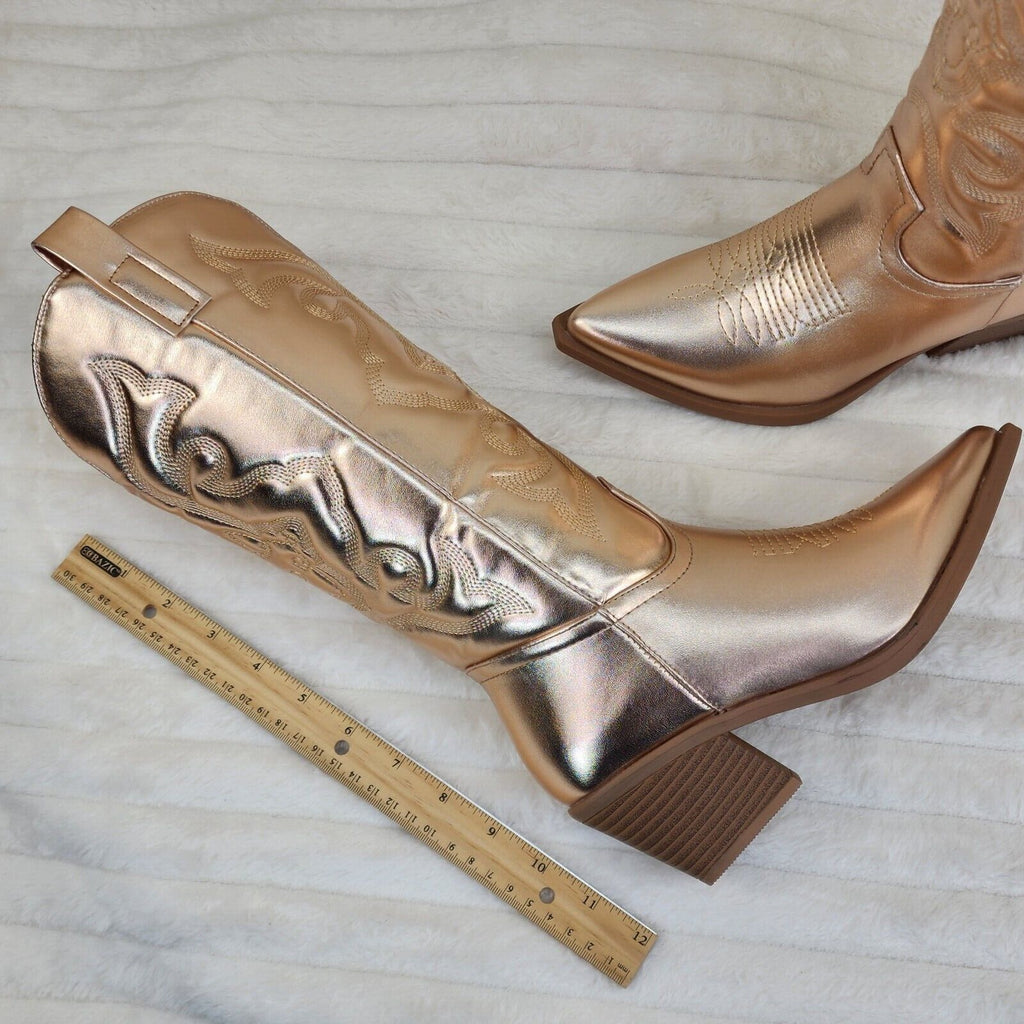 Disco Cowgirl Metallic Rose Gold Cowboy Knee Boots Western Block Heels US Sizes - Totally Wicked Footwear