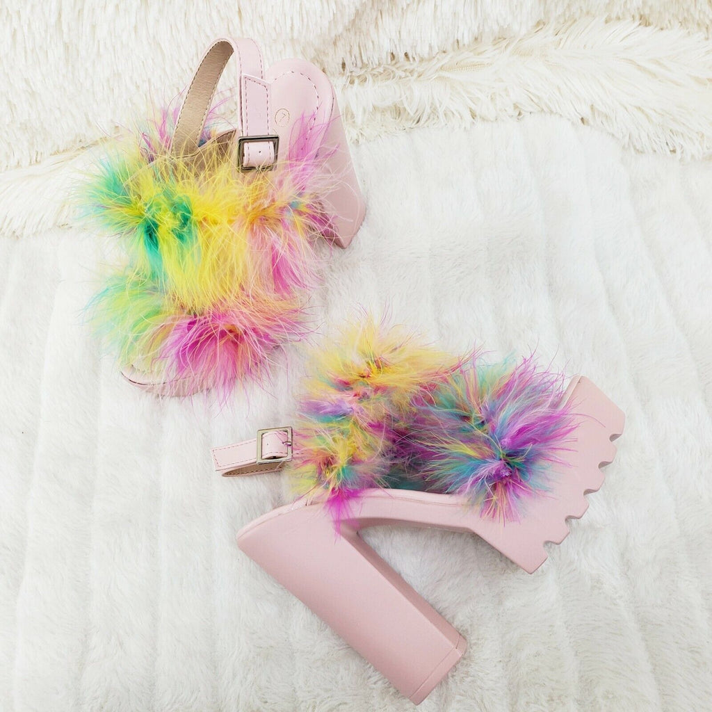 Top Rate Marabou Double Strap Chunky High Heels Platform Sandal Shoes Multicolor - Totally Wicked Footwear