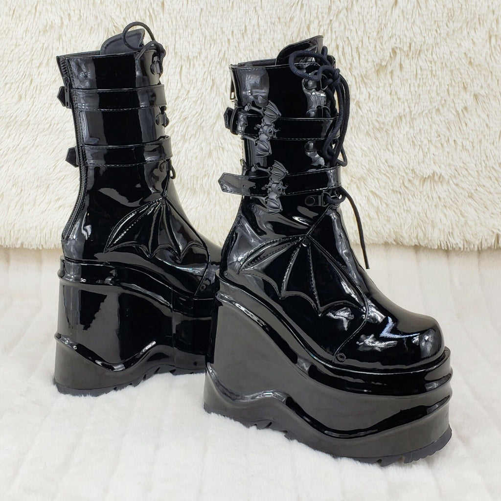 Wave 150 Bat Wing 6" Platform Goth Mid Calf Boots Black Patent In House - Totally Wicked Footwear