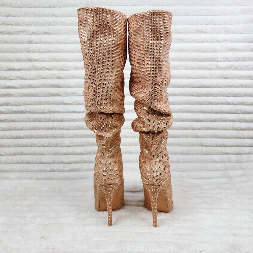Radiant Nude Beige Rhinestone High Heel Stiletto Slouch Knee High Boots - Totally Wicked Footwear