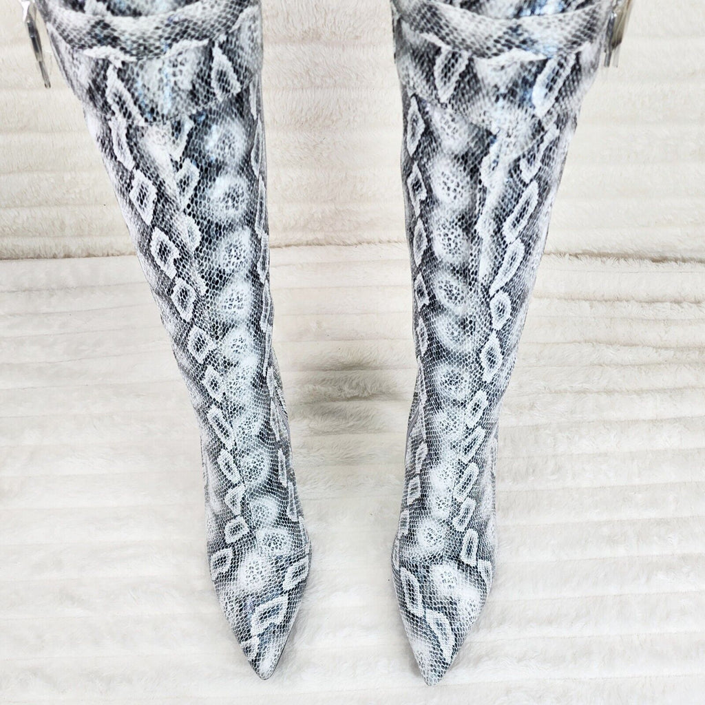 Pearl Snake Print High Heel Knee Boots Pad Lock Brand New - Totally Wicked Footwear