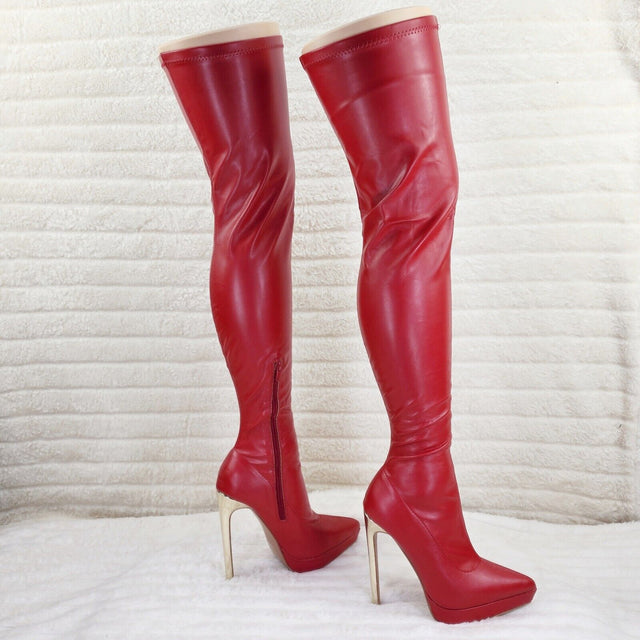 Girlz Revenge Faux Stretch Red Leather High Heel Pointy Toe Platform Thigh Boots - Totally Wicked Footwear