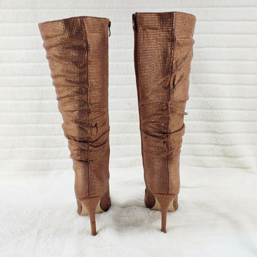 Sparkle Trend Brown Rhinestone Slouchy Scrunch High Heel Knee Boots - Totally Wicked Footwear