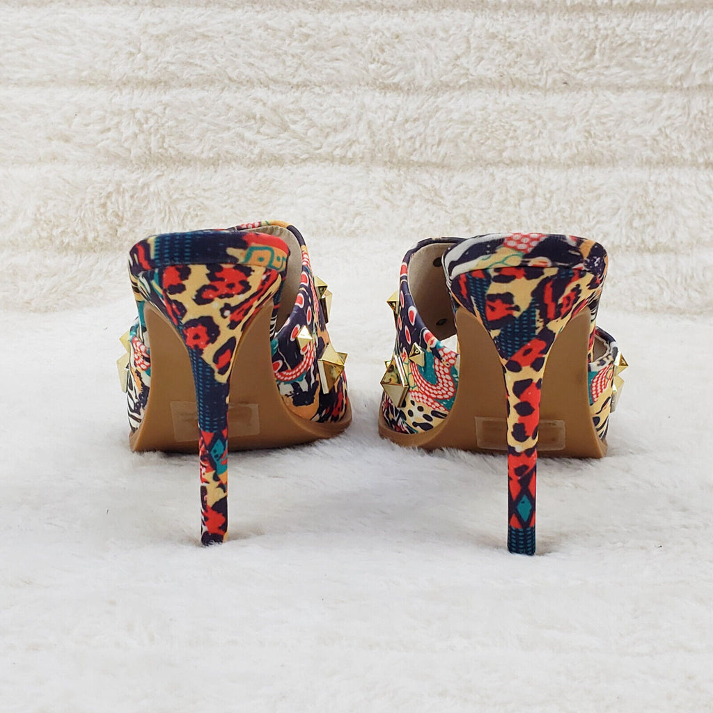 Popo Slip On Square Open Toe High Heel Clogs Mules Slides Multi Print - Totally Wicked Footwear