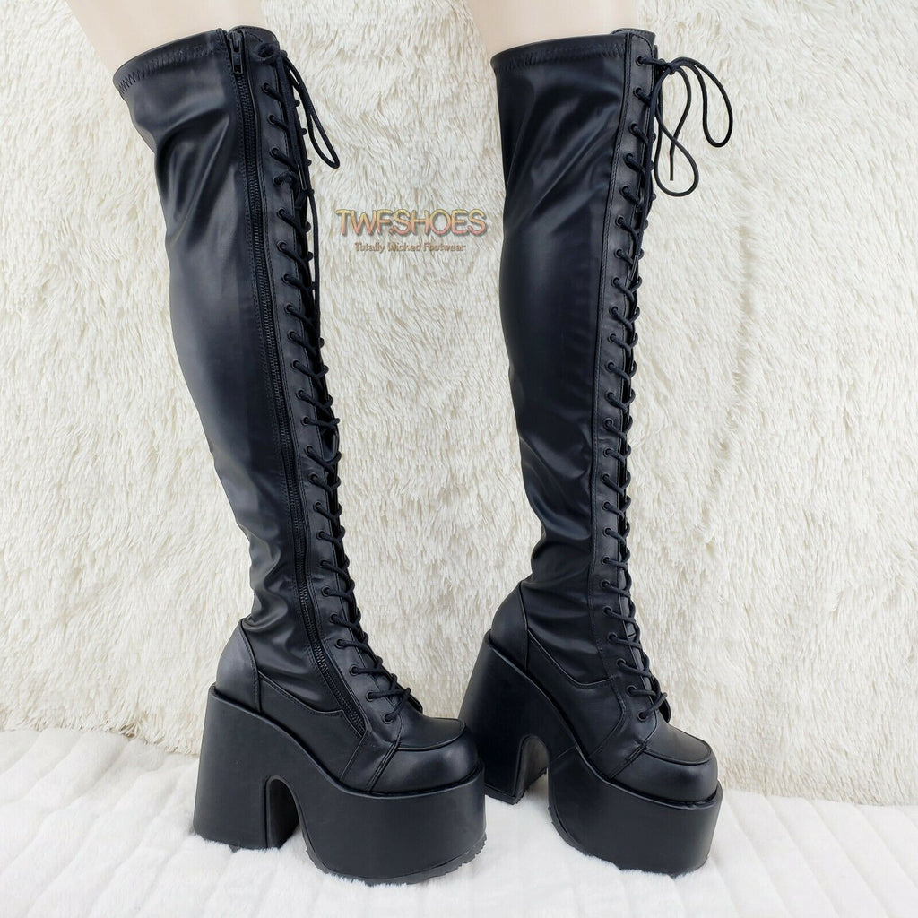 Camel 300 Platform 5" Heel Stretch Lace Up Goth Punk Thigh Boots Black Matte NY - Totally Wicked Footwear