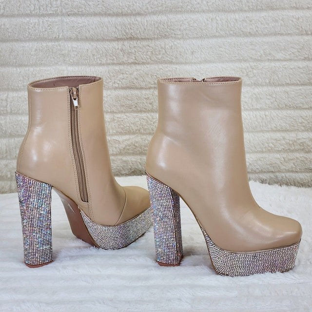 Nikki Cream Leatherette Rhinestone Platform Chunky Heel Ankle Boots - Totally Wicked Footwear