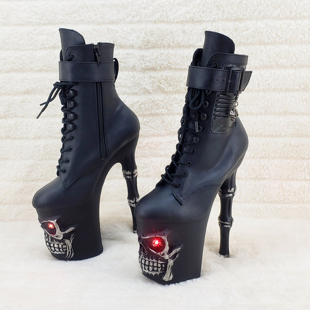 Rapture Black Skull & Bones 8" High Heel Platform Ankle Boots Lighted Eyes NY - Totally Wicked Footwear