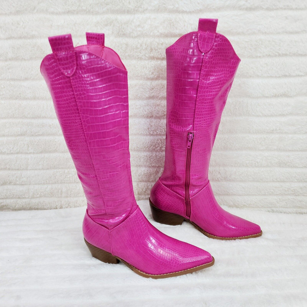 Sissy Fuchsia Pink Snake Texture Western Knee High 2" Heel Cowgirl Boots - Totally Wicked Footwear