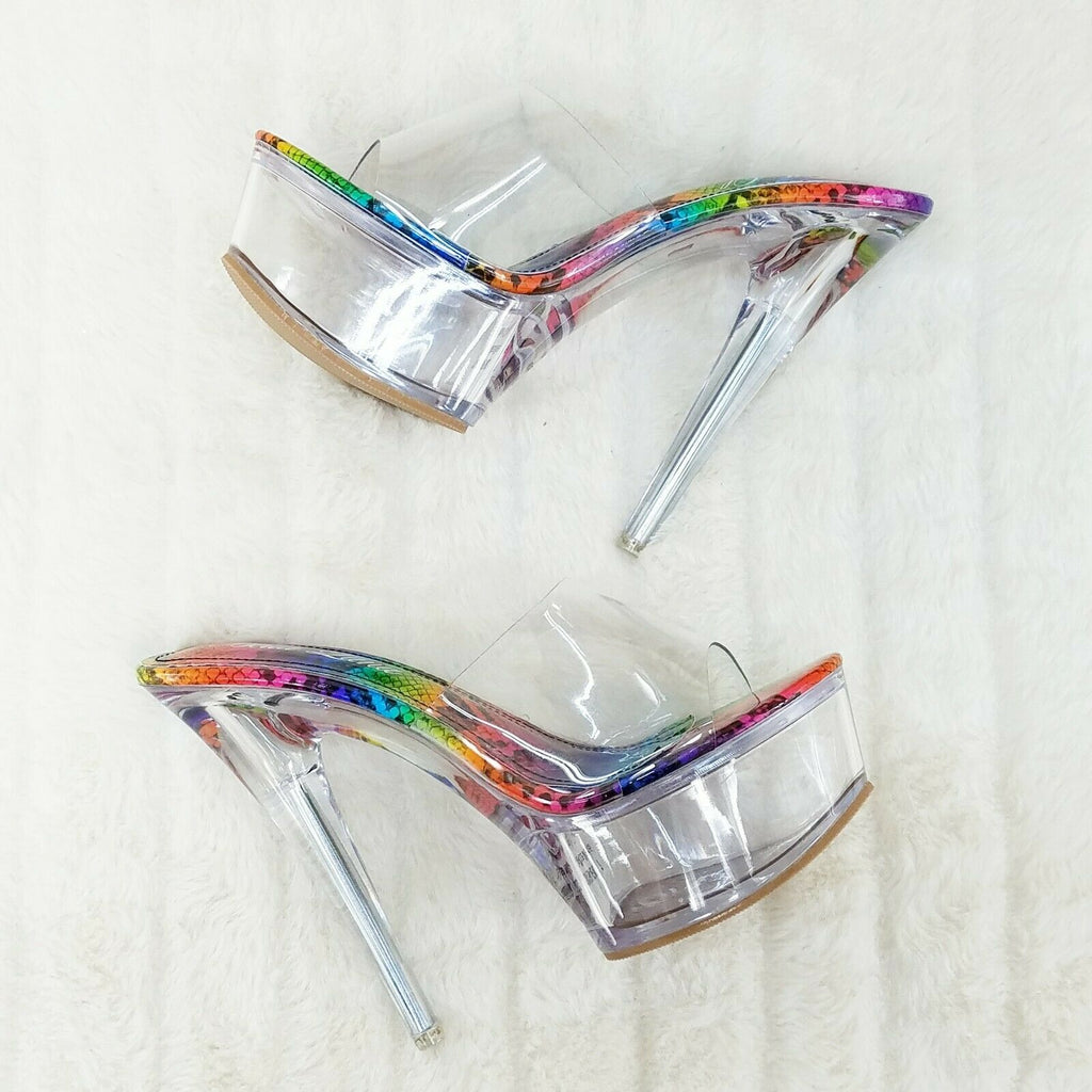 Cloud Clear Platform 6" High Heels Rainbow Snake Foot-bed Slip On Mule - Totally Wicked Footwear