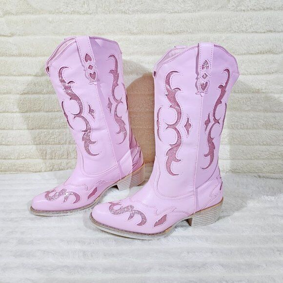 Dazzle Darlings Baby Pink Glitter Inset Cowboy Cowgirl Pull On Mid Calf Boots - Totally Wicked Footwear