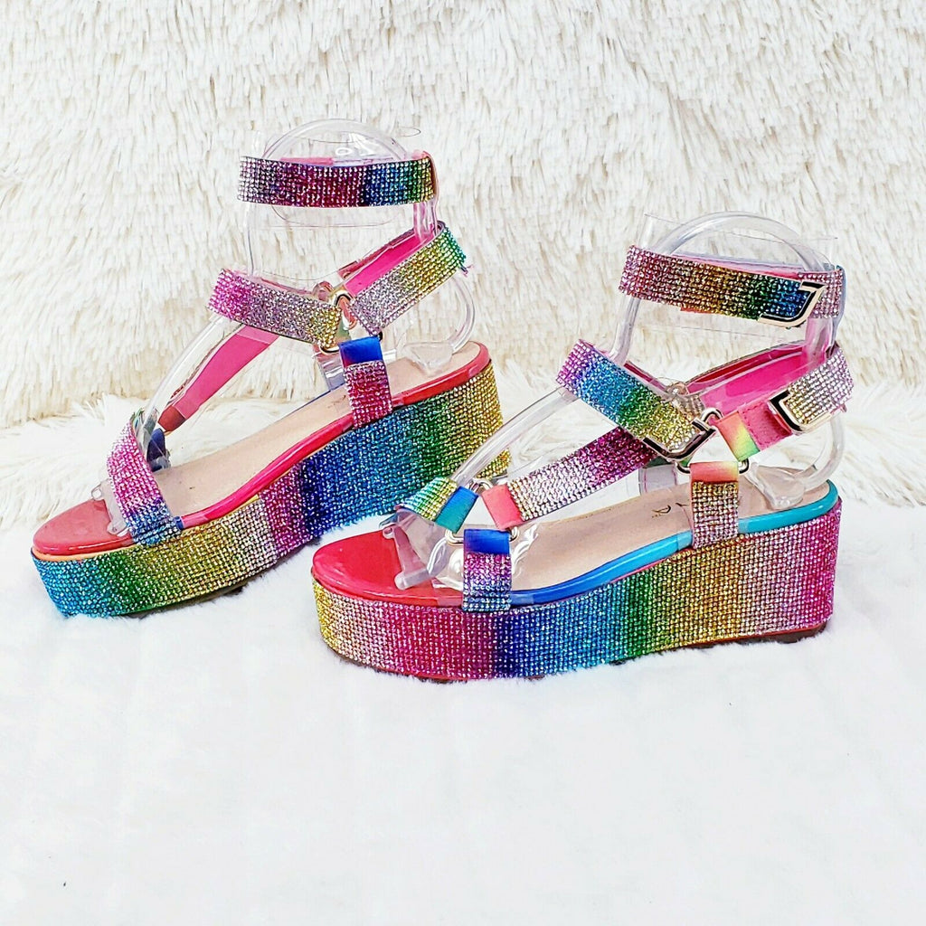 2" Flatform Harness Strap Rainbow Rhinestone Sandals Comfy New Shoes Restocked - Totally Wicked Footwear