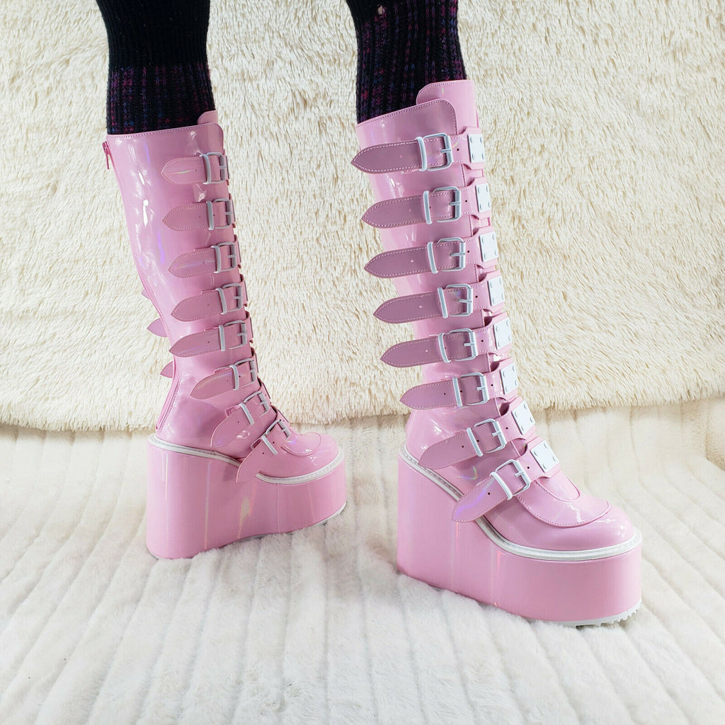 Trinity Swing 815 Pink Hologram Patent Goth Knee Boot 5.5" Platform In House NY - Totally Wicked Footwear