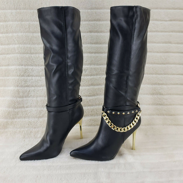 Eva Soft Black Leatherette Gold Tone High Heel & Chain Knee Boots