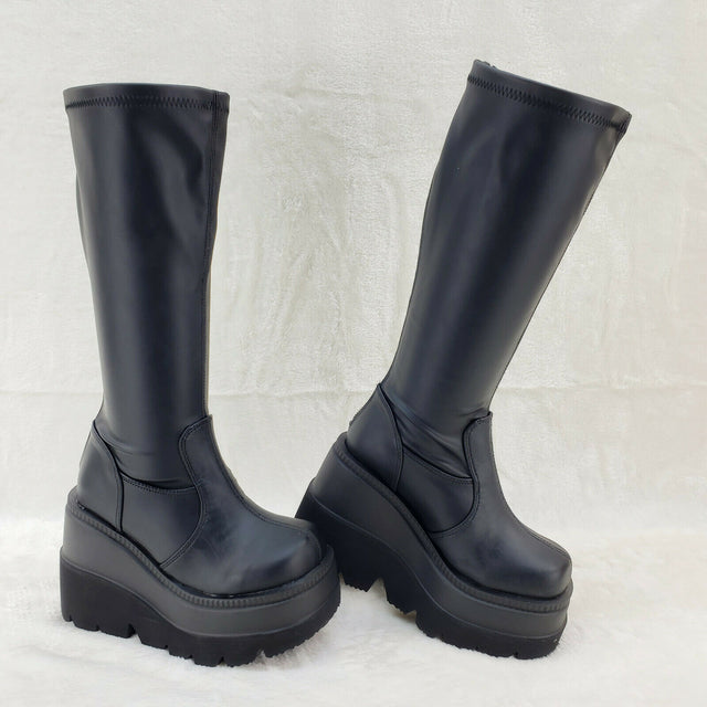 Shaker 65WC Wide Calf Stretch Matte Platform 4.5" Wedge Heel Knee Boots NY - Totally Wicked Footwear